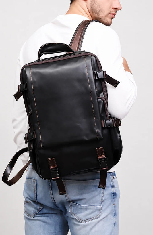 Genuine Full Grain Cowhide Leather Backpack for Men — Handmade Large Travel & Laptop Rucksack | 2 Sizes, 4 Colours | Tactical Buckle Design