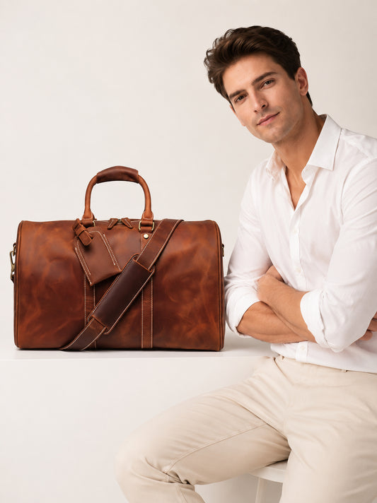 Handmade Full Grain Leather Duffle Bag – Vegetable-Tanned Cowhide Holdall | Brass Hardware, YKK Zippers & Padded Shoulder Strap