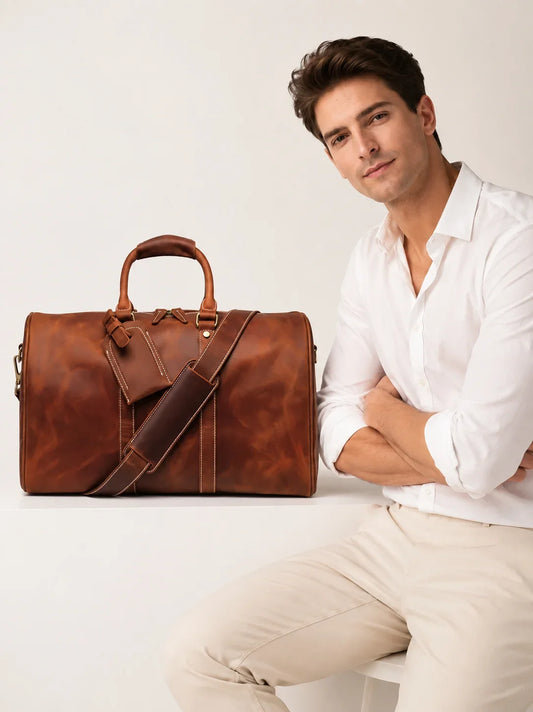 Handmade Full Grain Leather Duffle Bag – Vegetable-Tanned Cowhide Holdall | Brass Hardware, YKK Zippers & Padded Shoulder Strap