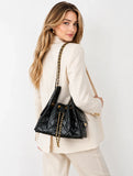 Quilted Diamond Leather Drawstring Hobo Bag – Gold Chain Strap | Lambskin & Cowhide Shoulder Bag for Women