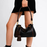 Full Grain Leather Pillow Boston Bag – Pebbled Cowhide & Suede Shoulder Bag | Gold Hardware, Top Handle & Crossbody Strap