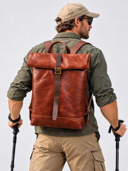 Handcrafted Full Grain Leather Roll-Top Backpack | Men's Vintage Business Commuter Laptop Travel Backpack