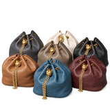Handcrafted Top Grain Cowhide Leather Mini Bucket Bag | Women's Drawstring Chain Crossbody Purse