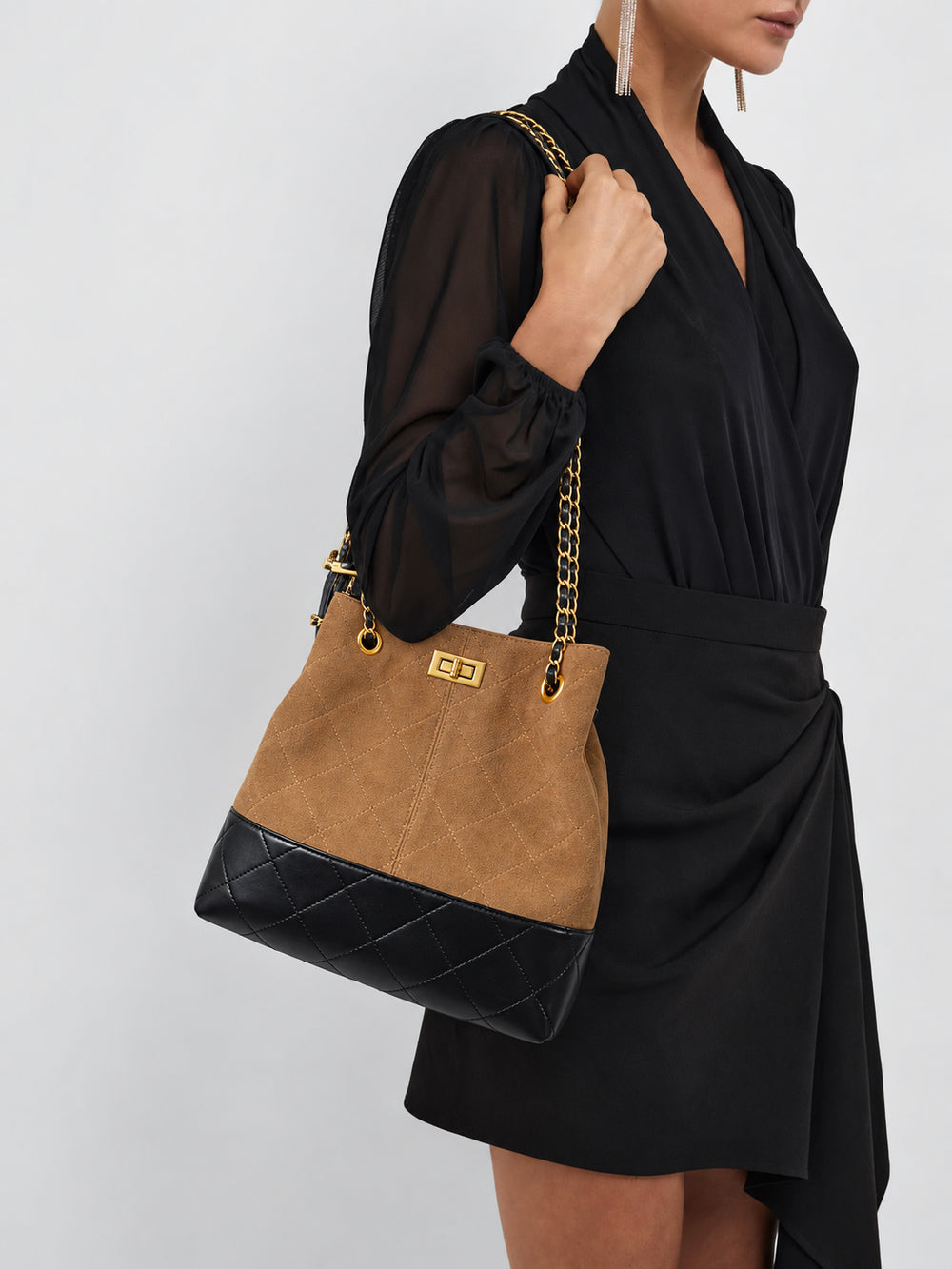 Quilted Lambskin and Suede Leather Chain Tote Bag | Women's Vintage Two-Tone Shoulder & Crossbody Bag
