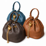 Handcrafted Top Grain Cowhide Leather Mini Bucket Bag | Women's Drawstring Chain Crossbody Purse