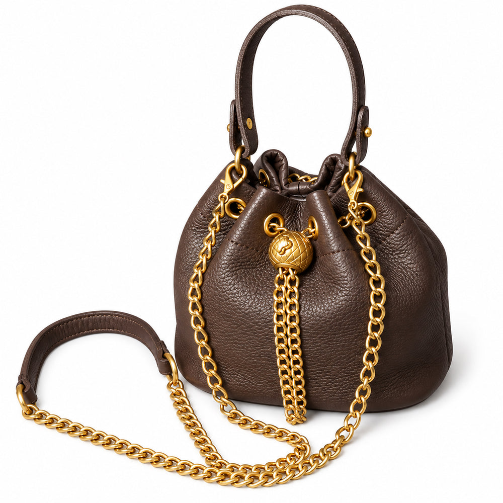 Handcrafted Top Grain Cowhide Leather Mini Bucket Bag | Women's Drawstring Chain Crossbody Purse