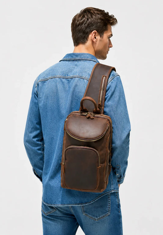 Men's Crazy Horse Leather Vintage Sling Bag — Handmade 3-Way Carry Chest / Shoulder / Backpack