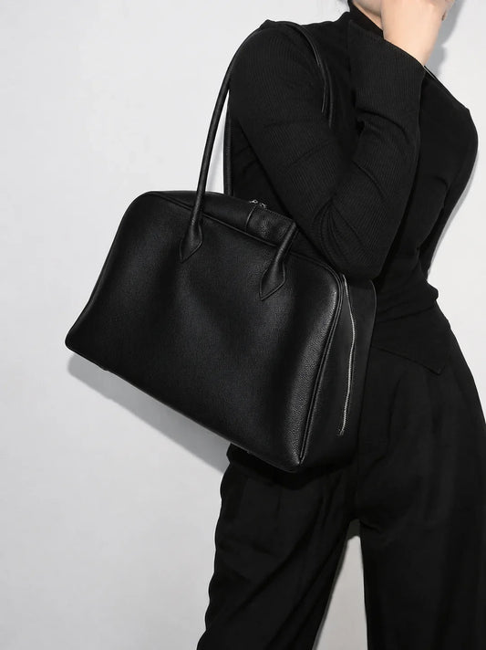 Luxury Togo Genuine Leather Boston Tote Bag for Women, Designer-Inspired Bowling Style, Large Laptop Commuter Bag
