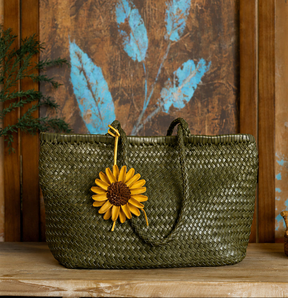 Handwoven Basket Tote Bag | Vegetable-Tanned Italian Cowhide Hand-Carry Bag | Minimalist Summer Commuter Style