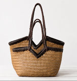 Handwoven Full Grain Cowhide Leather Basket Tote | V-Cut Rim Leather Shoulder Bag | Summer Beach Bag in Two Sizes