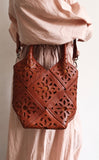Handmade Leather Crossbody Bucket Bag, Full Grain Cowhide Floral Cut-Out Designer Bucket Bags For Women