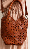 Handmade Leather Crossbody Bucket Bag, Full Grain Cowhide Floral Cut-Out Designer Bucket Bags For Women