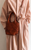 Handmade Leather Crossbody Bucket Bag, Full Grain Cowhide Floral Cut-Out Designer Bucket Bags For Women