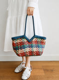 Handwoven Full Grain Leather Tote Bag for Women | Multicolor Bohemian Braided Basket Shoulder Bag | Spring Summer Market Bag