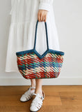 Handwoven Full Grain Leather Tote Bag for Women | Multicolor Bohemian Braided Basket Shoulder Bag | Spring Summer Market Bag