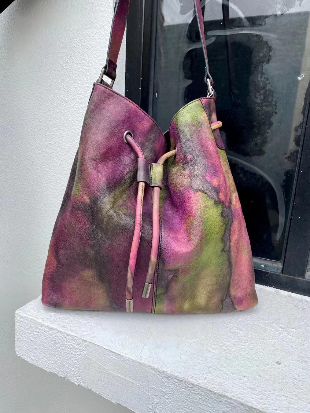 Italian Luxury Cowhide Leather Drawstring Bucket Bag in Camouflage Purple, Women Handcrafted High-End Genuine Leather Shoulder Bag - Alexel Crafts