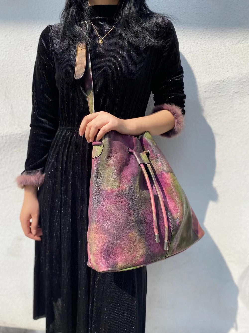 Italian Luxury Cowhide Leather Drawstring Bucket Bag in Camouflage Purple, Women Handcrafted High-End Genuine Leather Shoulder Bag - Alexel Crafts