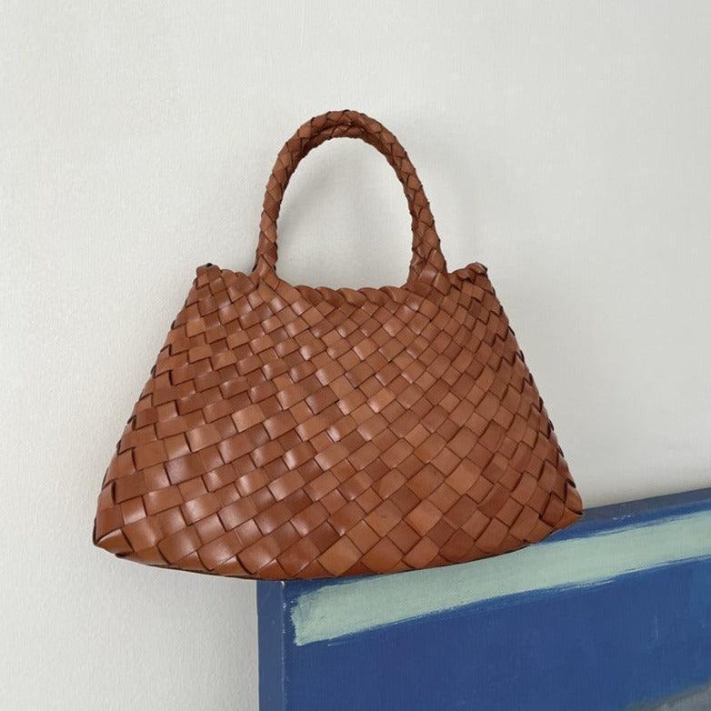 Italy Leather Woven Hobo Trapezoidal Bag, New Style Summer Beach Bag, Full Grain Leather Triple Jump Bamboo HandBag, Handcrafted Basket Bag - Alexel Crafts