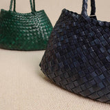 Italy Leather Woven Hobo Trapezoidal Bag, New Style Summer Beach Bag, Full Grain Leather Triple Jump Bamboo HandBag, Handcrafted Basket Bag - Alexel Crafts