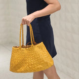 Italy Leather Woven Hobo Trapezoidal Bag, New Style Summer Beach Bag, Full Grain Leather Triple Jump Bamboo HandBag, Handcrafted Basket Bag - Alexel Crafts