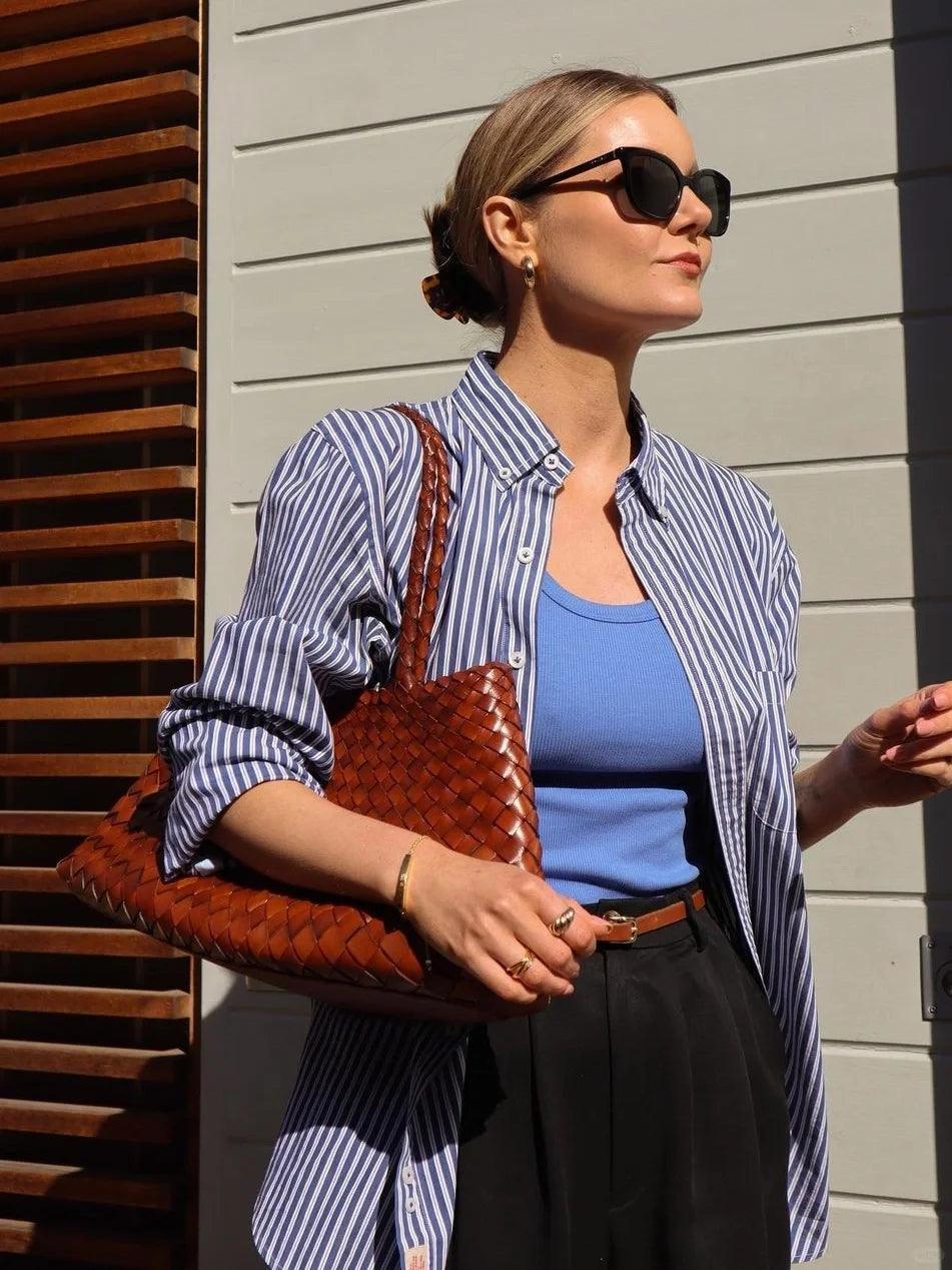 Italy Leather Woven Hobo Trapezoidal Bag, New Style Summer Beach Bag, Full Grain Leather Triple Jump Bamboo HandBag, Handcrafted Basket Bag - Alexel Crafts