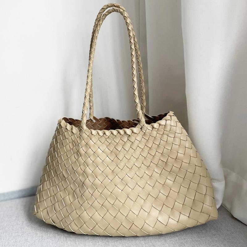 Italy Leather Woven Bag Hobo Trapezoidal Shoulder Bag (Long Handle) | New Style Summer Beach Bag Full Grain Leather Triple Jump Bamboo HandBag, Handcrafted Basket Bag - Alexel Crafts