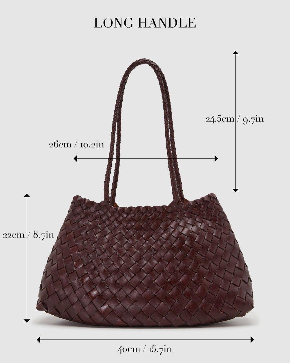 Italy Leather Woven Bag Hobo Trapezoidal Shoulder Bag (Long Handle) | New Style Summer Beach Bag Full Grain Leather Triple Jump Bamboo HandBag, Handcrafted Basket Bag - Alexel Crafts