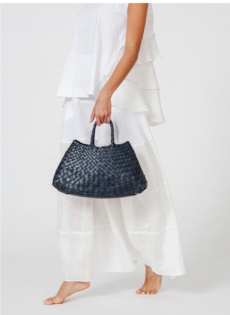 Italy Leather Woven Bag Hobo Trapezoidal Shoulder Bag (Long Handle) | New Style Summer Beach Bag Full Grain Leather Triple Jump Bamboo HandBag, Handcrafted Basket Bag - Alexel Crafts