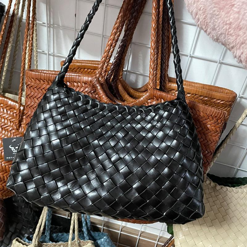 Italy Leather Woven Hobo Shoulder Bag | Interwoven Summer Beach Bag, Full Grain Leather Triple Jump Bamboo HandBag, Handcrafted Basket Bag - Alexel Crafts