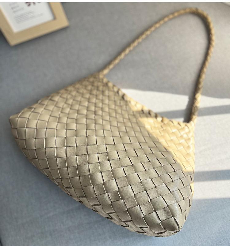 Italy Leather Woven Hobo Shoulder Bag | Interwoven Summer Beach Bag, Full Grain Leather Triple Jump Bamboo HandBag, Handcrafted Basket Bag - Alexel Crafts