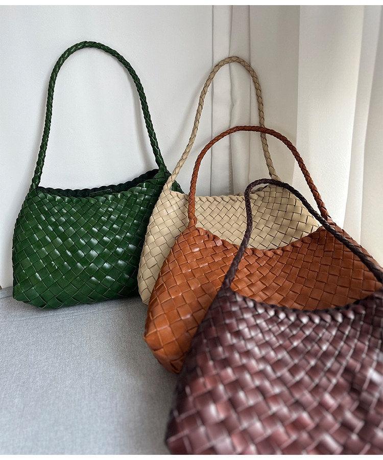 Italy Leather Woven Hobo Shoulder Bag | Interwoven Summer Beach Bag, Full Grain Leather Triple Jump Bamboo HandBag, Handcrafted Basket Bag - Alexel Crafts
