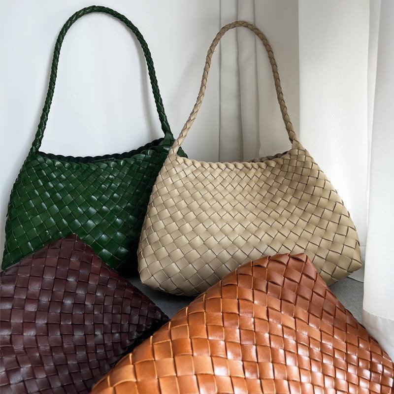 Italy Leather Woven Hobo Shoulder Bag | Interwoven Summer Beach Bag, Full Grain Leather Triple Jump Bamboo HandBag, Handcrafted Basket Bag - Alexel Crafts