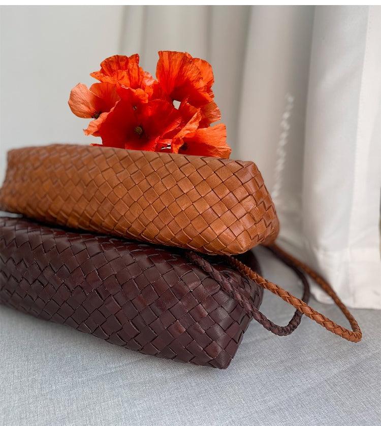 Italy Leather Woven Hobo Shoulder Bag | Interwoven Summer Beach Bag, Full Grain Leather Triple Jump Bamboo HandBag, Handcrafted Basket Bag - Alexel Crafts