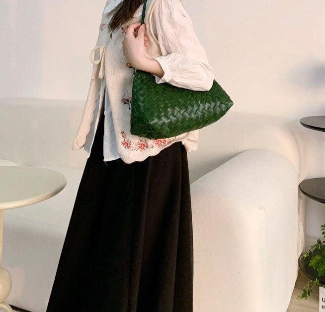 Italy Leather Woven Hobo Shoulder Bag | Interwoven Summer Beach Bag, Full Grain Leather Triple Jump Bamboo HandBag, Handcrafted Basket Bag - Alexel Crafts