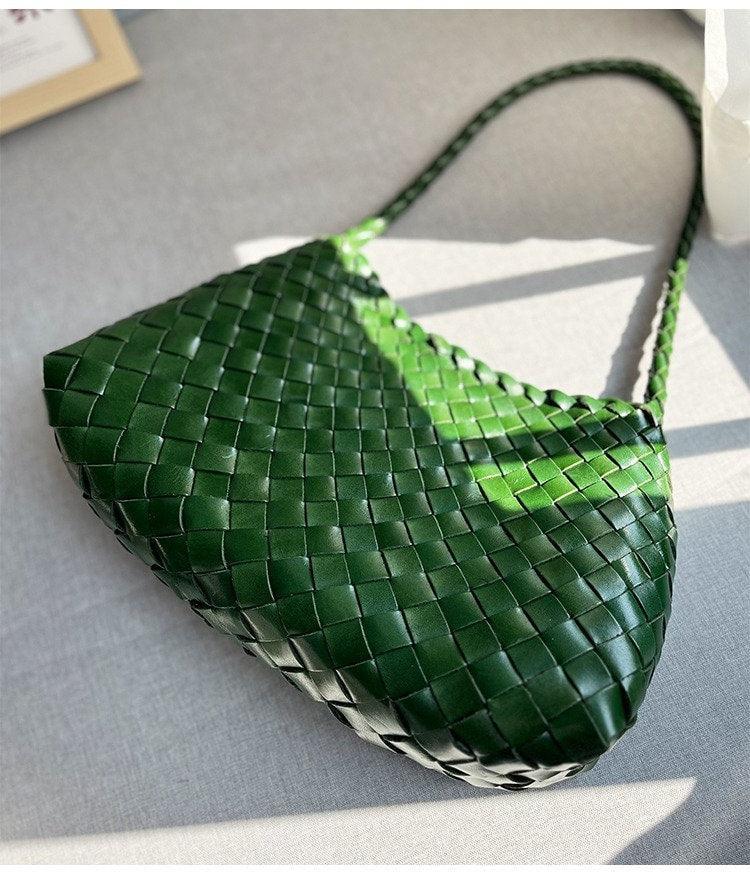 Italy Leather Woven Hobo Shoulder Bag | Interwoven Summer Beach Bag, Full Grain Leather Triple Jump Bamboo HandBag, Handcrafted Basket Bag - Alexel Crafts