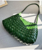 Italy Leather Woven Hobo Shoulder Bag | Interwoven Summer Beach Bag, Full Grain Leather Triple Jump Bamboo HandBag, Handcrafted Basket Bag - Alexel Crafts
