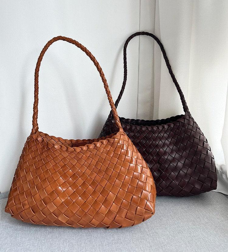 Italy Leather Woven Hobo Shoulder Bag | Interwoven Summer Beach Bag, Full Grain Leather Triple Jump Bamboo HandBag, Handcrafted Basket Bag - Alexel Crafts