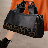 Large Elegant Cowhide Leather Shoulder Bag with Leopard Print Accent, Fashion Leather Handbag - Alexel Crafts