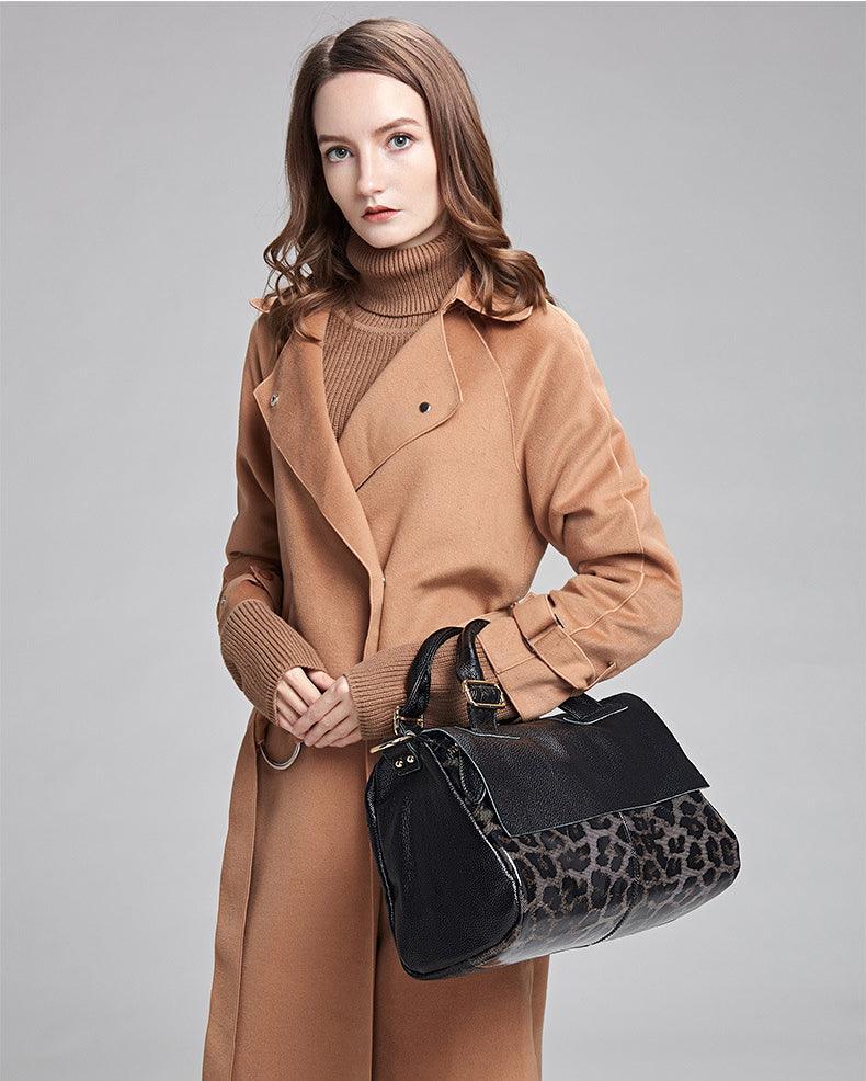 Large Elegant Cowhide Leather Shoulder Bag with Leopard Print Accent, Fashion Leather Handbag - Alexel Crafts