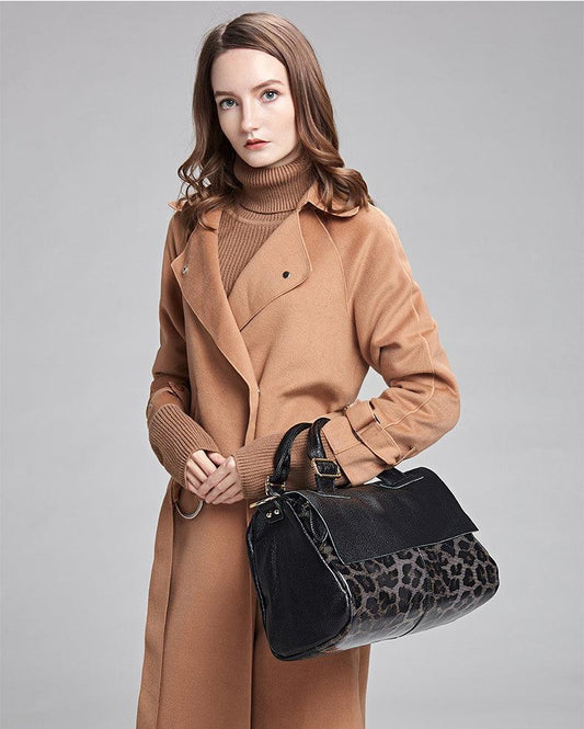 Large Elegant Cowhide Leather Shoulder Bag with Leopard Print Accent, Fashion Leather Handbag - Alexel Crafts