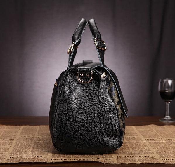 Large Elegant Cowhide Leather Shoulder Bag with Leopard Print Accent, Fashion Leather Handbag - Alexel Crafts