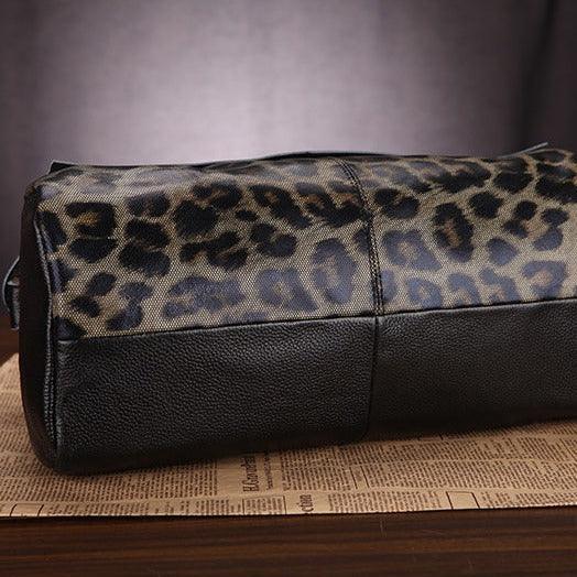 Large Elegant Cowhide Leather Shoulder Bag with Leopard Print Accent, Fashion Leather Handbag - Alexel Crafts