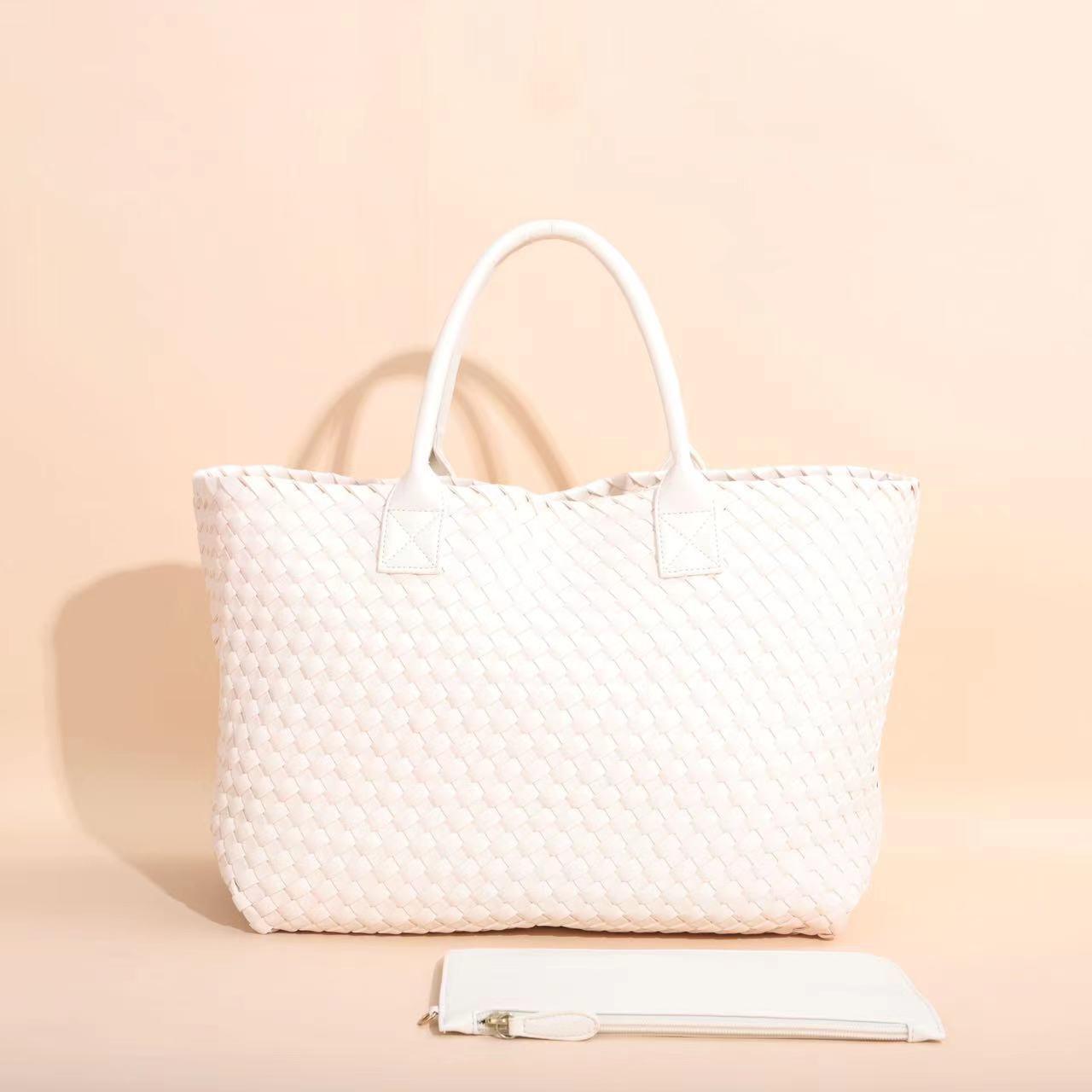 Large Handwoven Vegan Leather Tote/Weekend Bag in Onyx I Trendy Boutique Style ! Handmade Gift for Her - Alexel Crafts