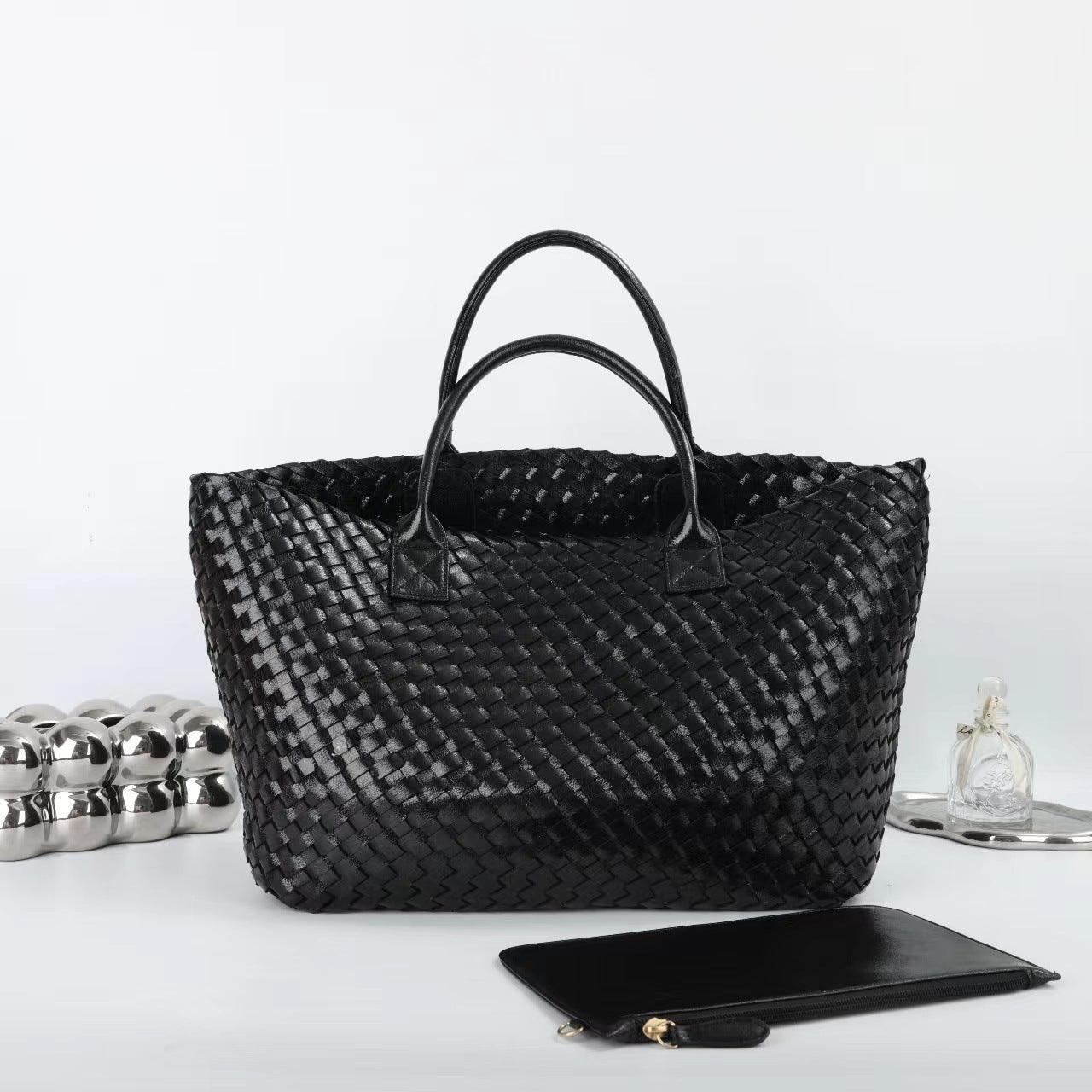 Large Handwoven Vegan Leather Tote/Weekend Bag in Onyx I Trendy Boutique Style ! Handmade Gift for Her - Alexel Crafts