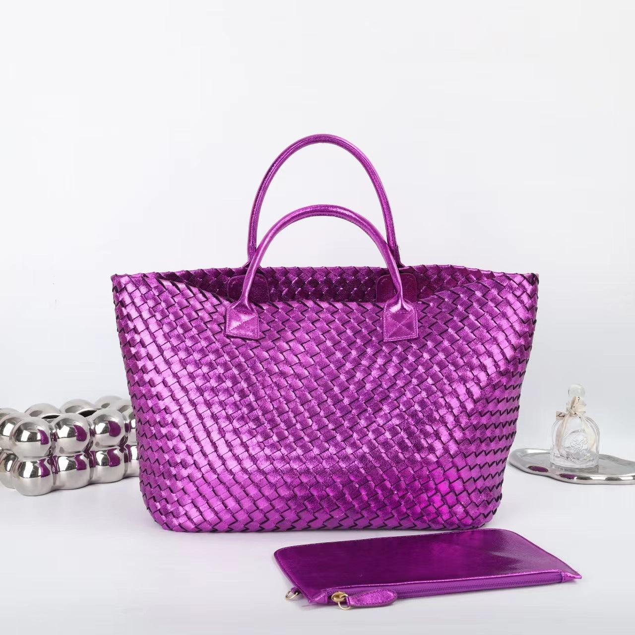 Large Handwoven Vegan Leather Tote/Weekend Bag in Onyx I Trendy Boutique Style ! Handmade Gift for Her - Alexel Crafts