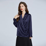 Luxe V-Neck Long Sleeve Blouse, 100% Mulberry Blue Silk Blouse for Women