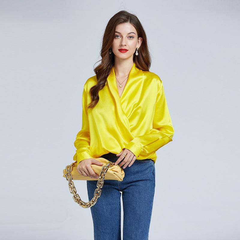 Luxe V-Neck Long Sleeve Blouse, 100% Mulberry Yellow Silk Blouse for Women