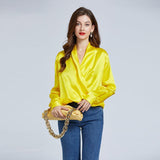 Luxe V-Neck Long Sleeve Blouse, 100% Mulberry Yellow Silk Blouse for Women