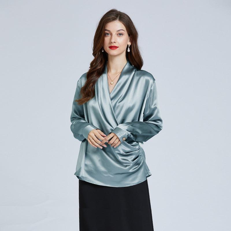 Luxe V-Neck Long Sleeve Blouse, 100% Mulberry Haze Blue Silk Blouse for Women
