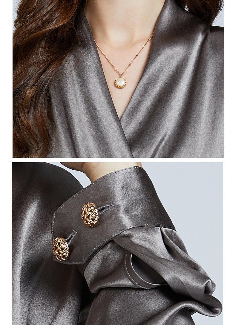 Luxe V-Neck Long Sleeve Grey Blouse in 100% Mulberry Silk for Women - Alexel Crafts